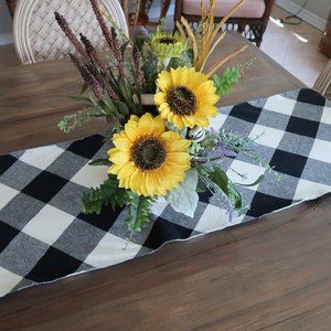 Large Check Black and Cream Reversible Table Runner 74" x 15"